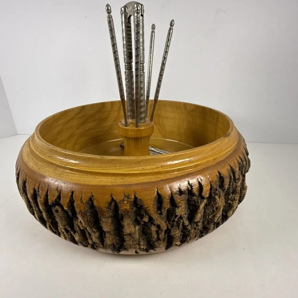 Nut Cracker Set Wooden Log Bark Bowl with 2x Crackers & 4 Picks Set Lake George